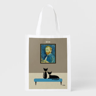 Cats Admire Vincent van Gogh Self-Portrait Grocery Bag