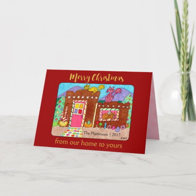 Cats & Adobe Gingerbread House Deluxe Christmas Holiday Card (Front)