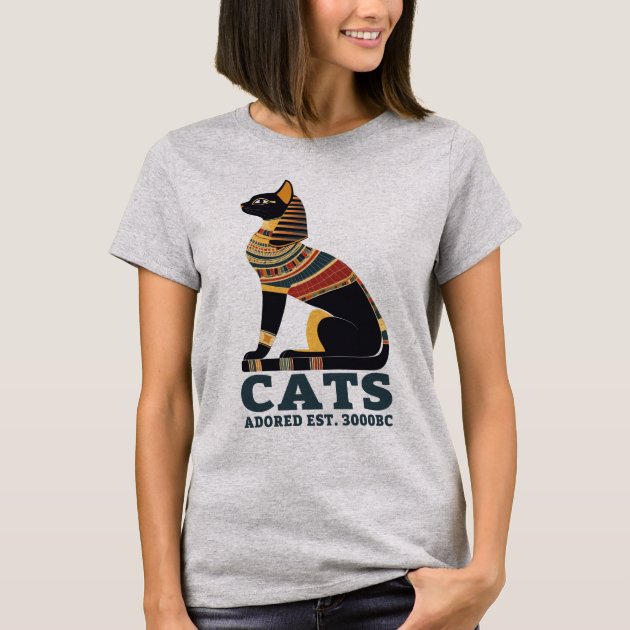 A T-Shirt featuring an Egyptian style cat with the wording: Cats Adored est. 3000BC