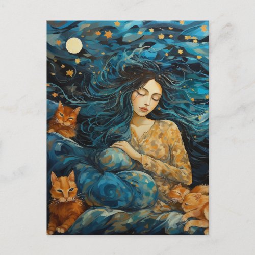 Cats and a Sleeping Woman in the Starry Night Postcard