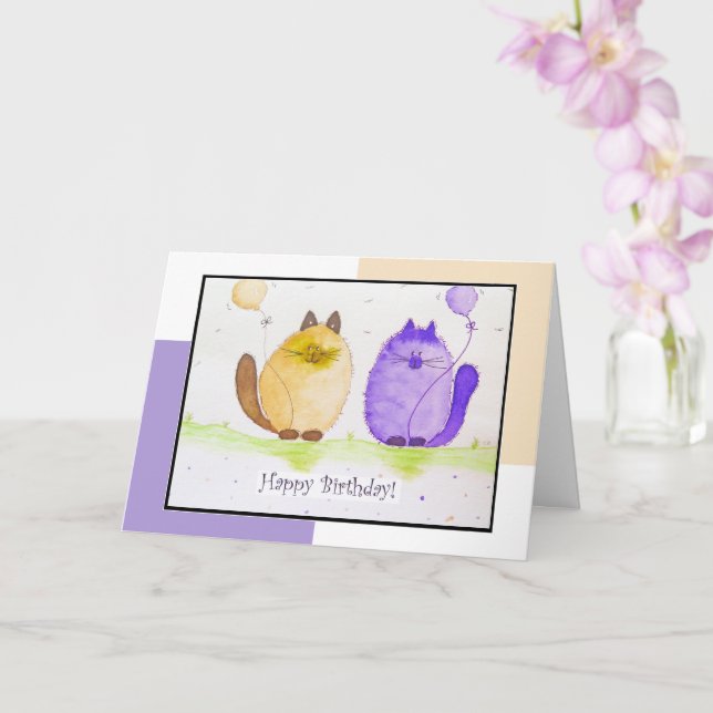 Cats and Balloons Birthday Card (Orchid)