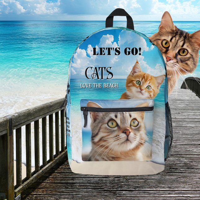 Cats and Beach Colorful Photo Printed Backpack (Fun backpack featuring your photo on the pocket and a tropical turquoise beach with cute kitten)