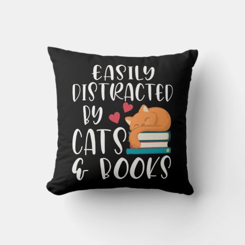 Cats and Books Lover Kitty addicted Bookworm Throw Pillow