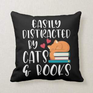 Cats and Books Lover Kitty addicted Bookworm Throw Pillow