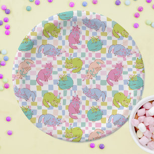 Cats and Bows, Bright Color Cat Birthday Paper Plates