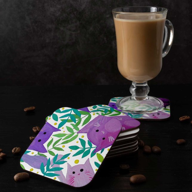 Cats and branches - purple and green beverage coaster (Creator Uploaded)