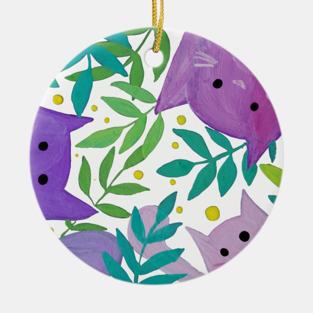 Cats and branches - purple and green ceramic ornament (Front)
