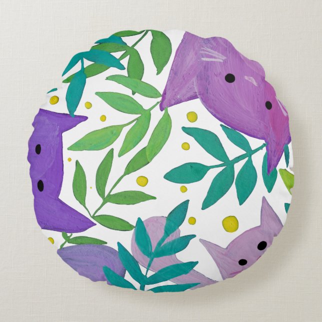Cats and branches - purple and green round pillow (Front)