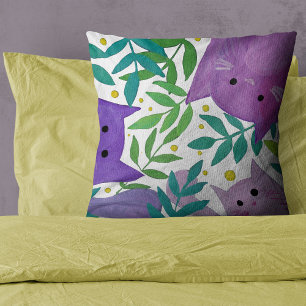 Cats and branches - purple and green throw pillow
