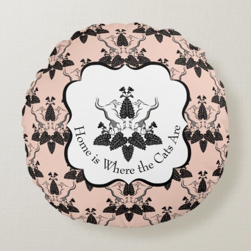 Cats and Catnip Damask Look Pattern Round Pillow