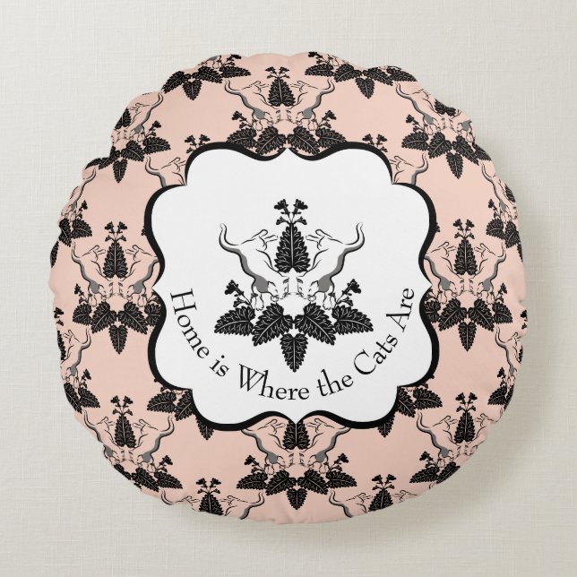 Cats and Catnip Damask Look Pattern Round Pillow (Front)