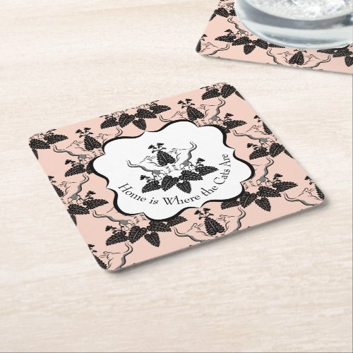 Cats and Catnip Damask Look Pattern Square Paper Coaster