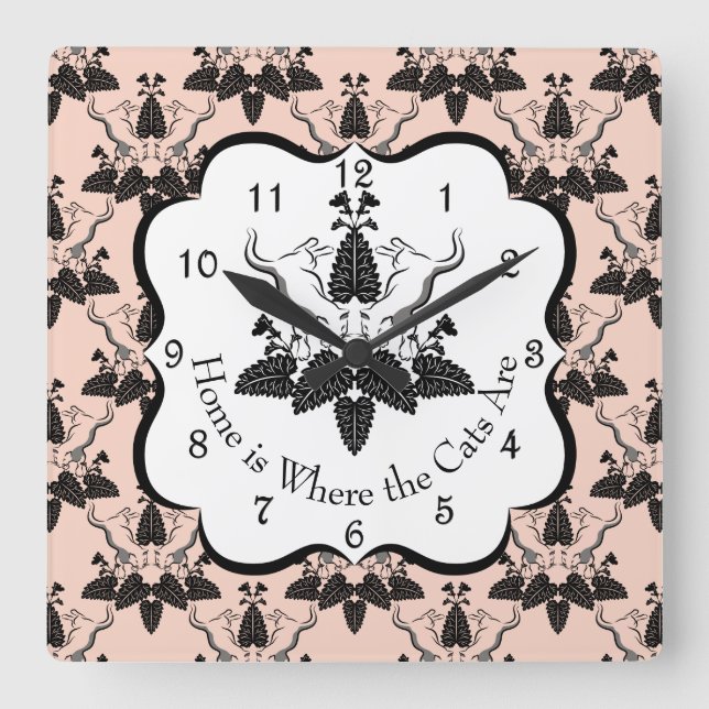 Cats and Catnip Damask Look Pattern Square Wall Clock (Front)