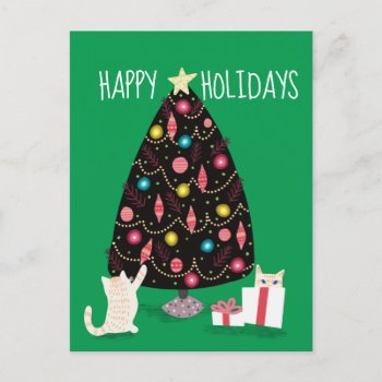 Cats And Christmas Tree-green Postcard by PetProDesigns at Zazzle