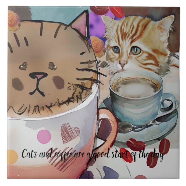 Cats and coffee and custom text ceramic tile (Front)
