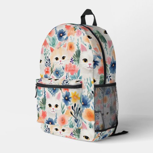 Cats and colorful flowers seamless pattern printed backpack