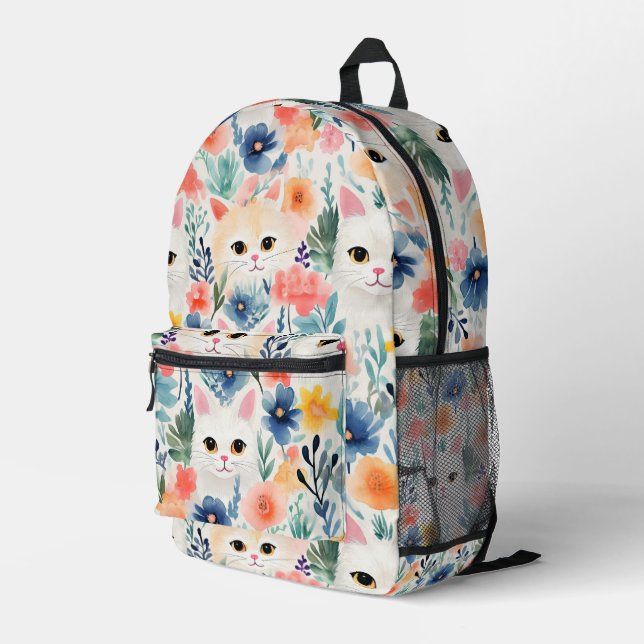 Cats and colorful flowers seamless pattern printed backpack (Back Corner Right)