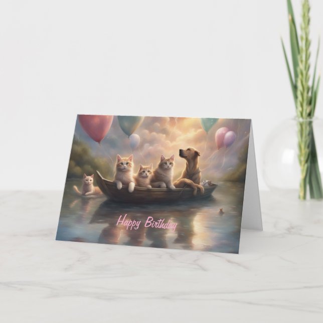 Cats and Dog floating balloon lake birthday Holiday Card (Front)