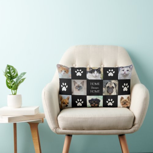 Cats and Dogs Custom Photos with Paws on Black Lumbar Pillow