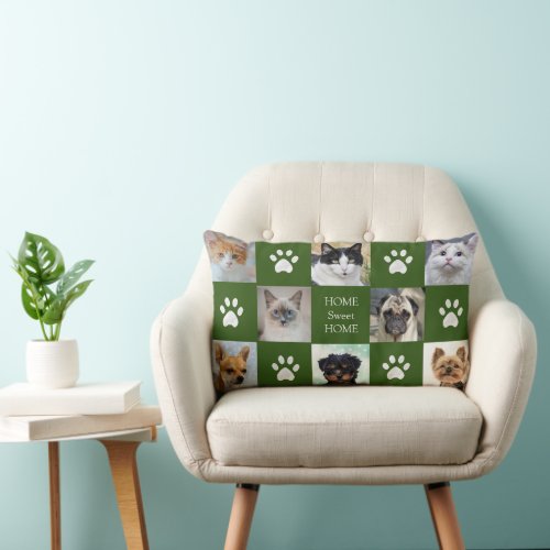 Cats and Dogs Custom Photos with Paws on Green Lumbar Pillow