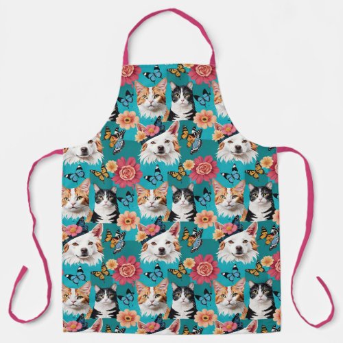 Cats and Dogs Floral with Butterflies Teal Pink Apron