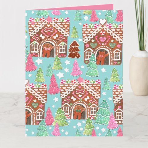 Cats and dogs gingerbread house Christmas card