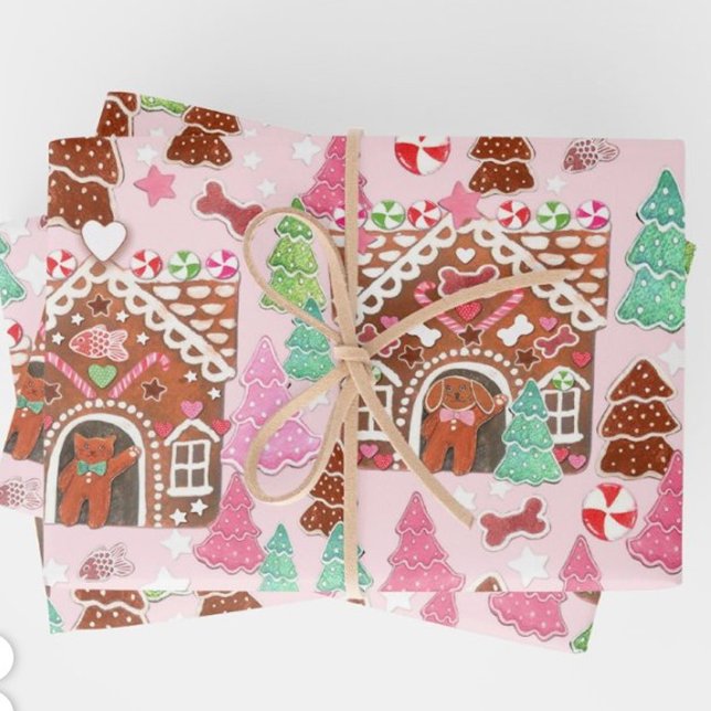 Cats and dogs gingerbread house gift bag wrapping  wrapping paper sheets (Creator Uploaded)