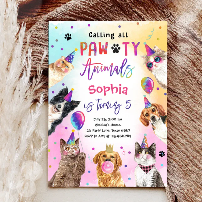 Cats and Dogs Party Pawty Animals Girl Birthday Invitation | Zazzle