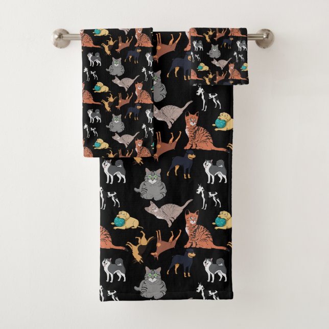 Cats And Dogs Pattern Design On Black  Bath Towel Set (Insitu)