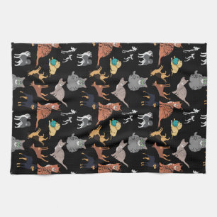 Cats And Dogs Pattern Design On Black Kitchen Towel