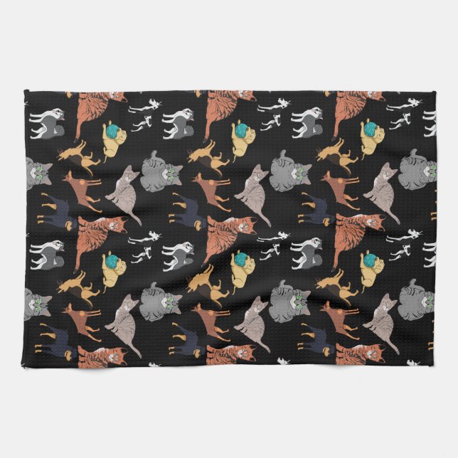 Cats And Dogs Pattern Design On Black  Kitchen Towel (Horizontal)
