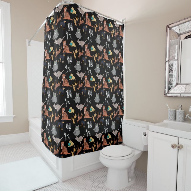 Cats And Dogs Pattern Design On Black  Shower Curtain (In Situ)