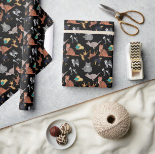 Cats And Dogs Pattern Design On Black Wrapping Paper