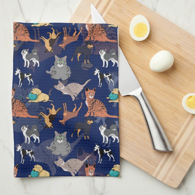 Cats And Dogs Pattern Design On Blue  Kitchen Towel (Quarter Fold)