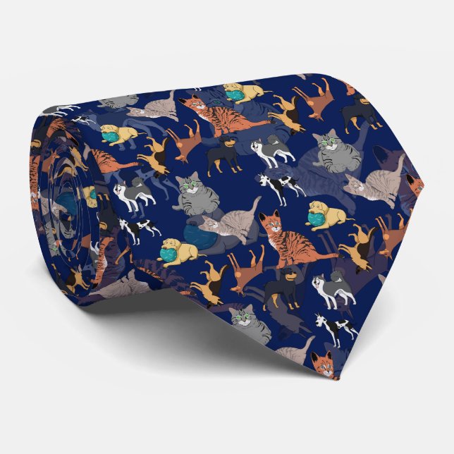 Cats And Dogs Pattern Design On Blue  Neck Tie (Rolled)