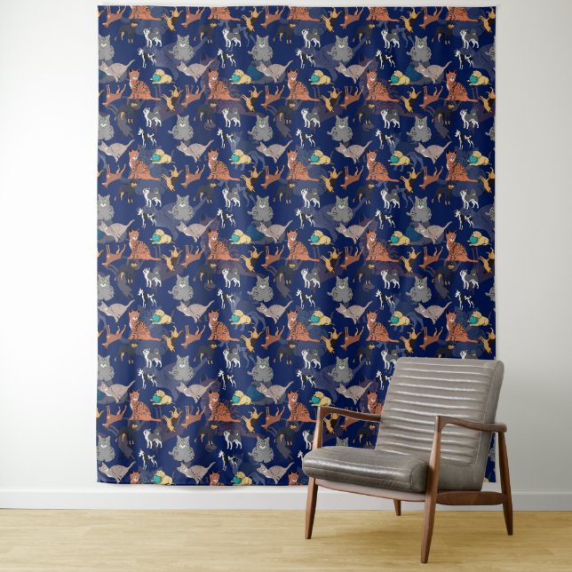 Cats And Dogs Pattern Design On Blue  Tapestry (In Situ)