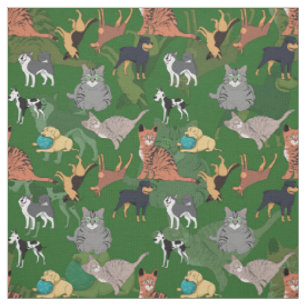 Cats And Dogs Pattern Design On Green  Fabric
