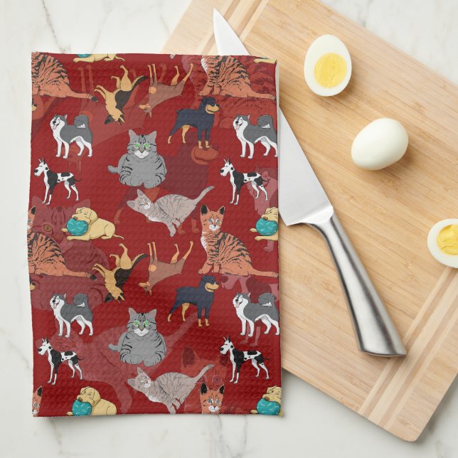 Cats And Dogs Pattern Design On Red Kitchen Towel (Quarter Fold)