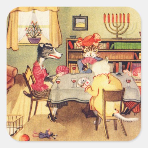 Cats and Dogs Playing Cards Vintage Kitsch Square Sticker