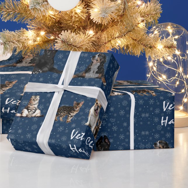 Cats and Dogs Veterinarian on Blue Wrapping Paper (Holidays)
