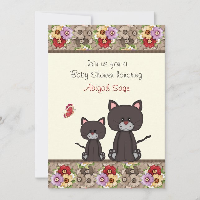 Cats and Flowers Baby Shower Invite for Girls (Front)