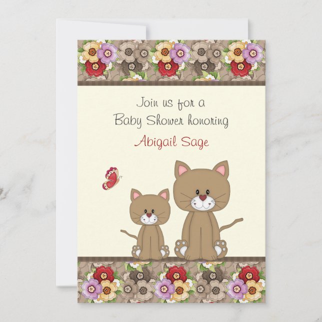 Cats and Flowers Baby Shower Invite for Girls (Front)