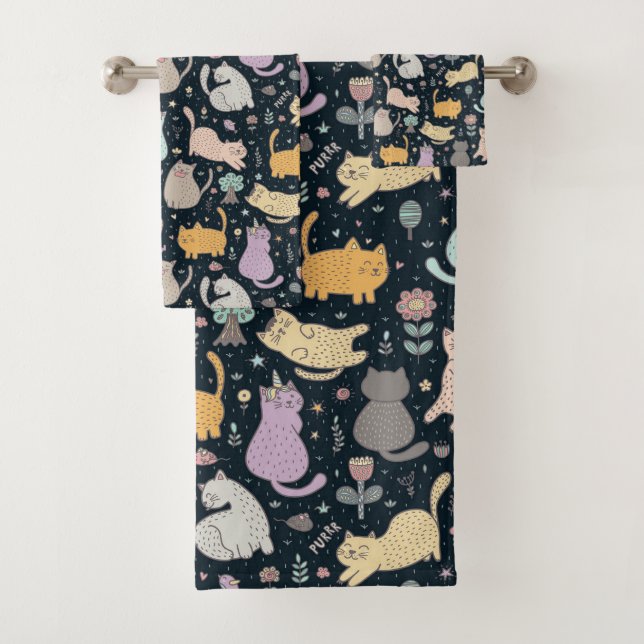 Cats and Flowers Design Bath Towel Set (Insitu)
