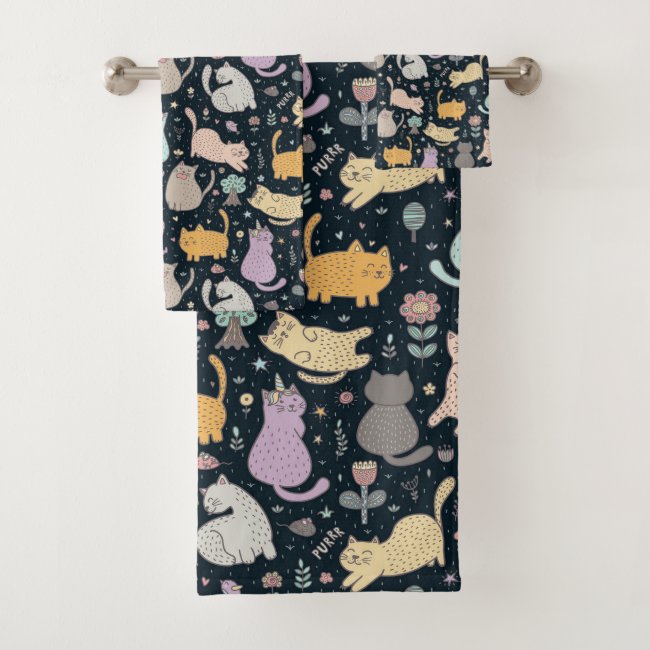 Cats and Flowers Design Bath Towel Set