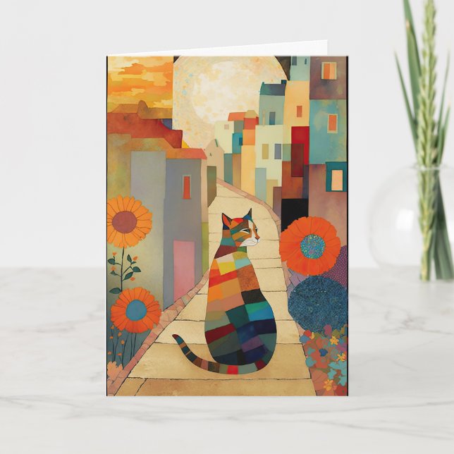 Cats and flowers in a moonlit village thank you card (Front)