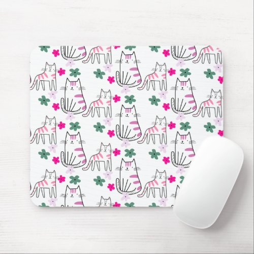 Cats and Flowers On White Mouse Pad