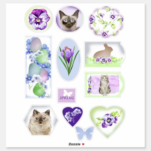 Cats and Flowers Stickers for Easter and Spring
