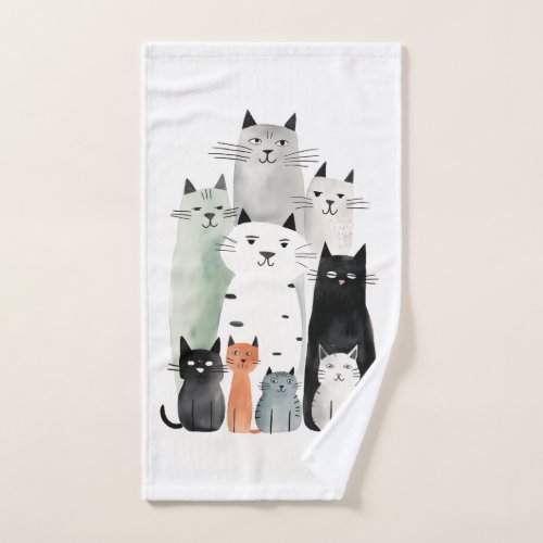 Cats and Friends Watercolor Gouache Illustration Bath Towel Set