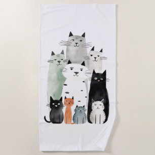Cats and Friends Watercolor Gouache Illustration Beach Towel