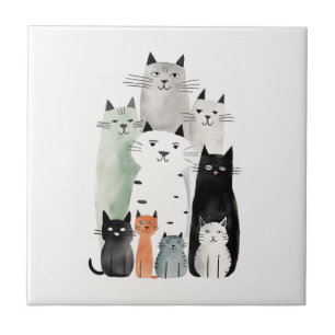 Cats and Friends Watercolor Gouache Illustration Ceramic Tile